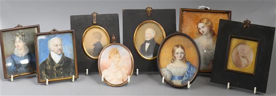 A group of eight 19th century portrait miniatures on ivory, the Raynesford family and other, largest 12.5 x 9.5cm